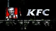 The logo of US fast food restaurant chain KFC is pictured in Madrid, on September 5, 2019. (Photo by GABRIEL BOUYS / AFP)        (Photo credit should read GABRIEL BOUYS/AFP via Getty Images)