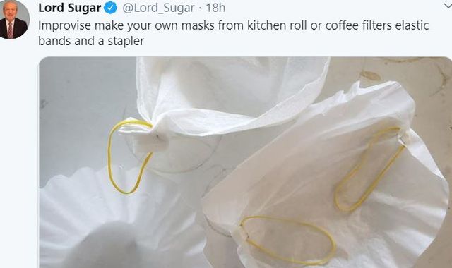 Coronavirus: Lord Sugar criticised over 'make your own' facemasks tweet
