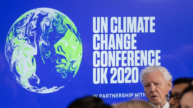 LONDON, ENGLAND - FEBRUARY 04: British broadcaster and naturalist Sir David Attenborough attends the launch of the UK-hosted COP26 UN Climate Summit, which is being held this autumn in Glasgow, at the Science Museum on February 4, 2020 in London, England. Johnson will reiterate the government's commitment to net zero by 2050 target and call for international action to achieve global net zero emissions. The PM is also expected to announce plans to bring forward the current target date for ending new petrol and diesel vehicle sales in the UK from 2040 to 2035, including hybrid vehicles for the first time. (Photo by Chris J Ratcliffe-WPA Pool/Getty Images)