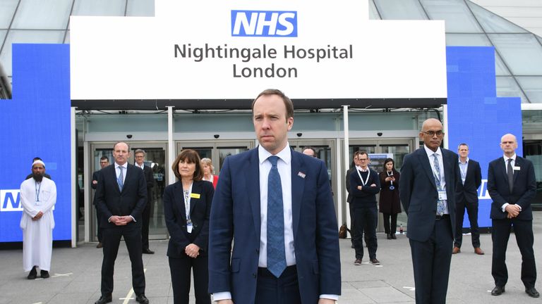 Health Secretary, Matt Hancock at the opening of the NHS Nightingale Hospital at the ExCel centre in London, a temporary hospital with 4000 beds which has been set up for the treatment of Covid-19 patients. PA Photo. Picture date: Friday April 3, 2020. Split into more than 80 wards containing 42 beds each, the facility will be used to treat Covid-19 patients who have been transferred from other intensive care units across London. See PA story HEALTH Coronavirus Charles. Photo credit should read: Stefan Rousseau/PA Wire