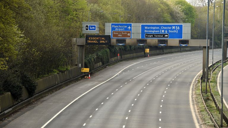 A deserted stretch of the M56 is pictured at the start of the Easter weekend, in north-west England on April 10, 2020 as Britain continued to battle the outbreak of the novel coronavirus COVID-19. - The disease has struck at the heart of the British government, infected more than 60,000 people nationwide and killed over 7,000, with another record daily death toll of 938 reported on April 8. (Photo by Oli SCARFF / AFP) (Photo by OLI SCARFF/AFP via Getty Images)