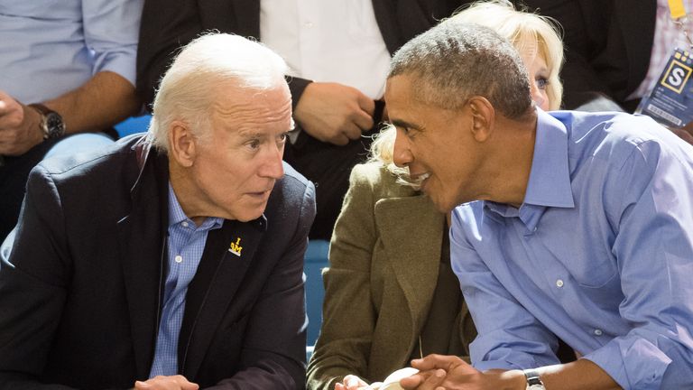 TORONTO, ON - SEPTEMBER 29:  Joe Biden and Barack Obama  watch the wheelchair basketball on day 7 of the Invictus Games Toronto 2017 on September 29, 2017 in Toronto, Canada.  The Games use the power of sport to inspire recovery, support rehabilitation and generate a wider understanding and respect for the Armed Forces.  (Photo by Samir Hussein/Samir Hussein/WireImage)