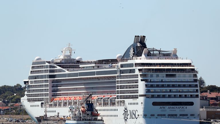 FREMANTLE, AUSTRALIA - MARCH 24: Oil/Chemical Tanker Vacamonte refuels the MSC Magnifica while berthed at Fremantle Passenger Terminal on March 24, 2020 in Fremantle, Australia. The MSC Magnifica arrived on Tuesday morning with police and border force officers to monitor the ship to ensure no crew or passengers disembark while it refuels due to concerns over COVID-19. It was initially thought a number of passengers were ill, however the cruise operator has since informed Western Australian authorities all 1700 passengers on board are well. Western Australia has will its borders from 1:30pm local time in response to the ongoing COVID-19 pandemic, with interstate arrivals required to self-isolate for 14 days. The Federal Government has closed international borders, and a ban on non-essential travel is now in place. Non-essential venues such as bars, clubs, nightclubs, cinemas, gyms and restaurants, along with anywhere people remain static are now closed. Schools are currently open but parents have the option to keep children at home if they wish. There are now 1887 confirmed cases of COVID-19 in Australia and the death toll now stands at seven. (Photo by Paul Kane/Getty Images)