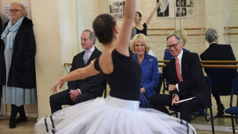 EMBARGOED TO 0001 WEDNESDAY APRIL 29 File photo dated 01/02/18 of the Duchess of Cornwall watching students dance during a visit to the Royal Academy of Dance in Battersea, London. The Duchess of Cornwall has revealed she has taken up ballet and is practising her poses and positions to keep fit during the coronavirus lockdown.