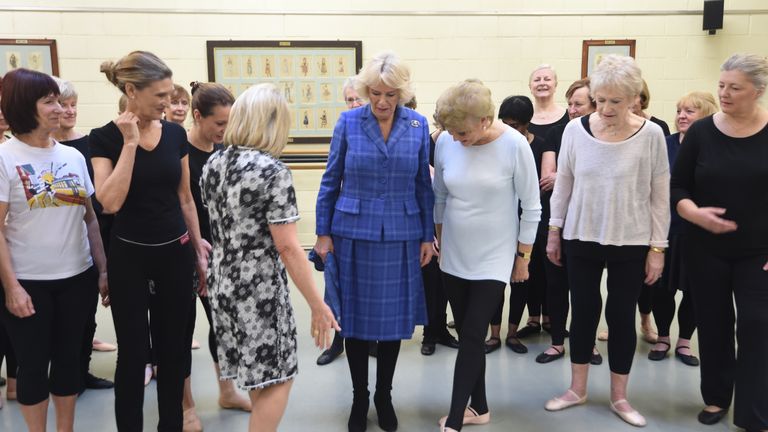 File photo dated 01/02/18 of the Duchess of Cornwall with Elaine Paige (centre left) and Angela Rippon (centre right) and other students during a visit to the Royal Academy of Dance in Battersea, London. The Duchess of Cornwall has revealed she has taken up ballet and is practising her poses and positions to keep fit during the coronavirus lockdown.