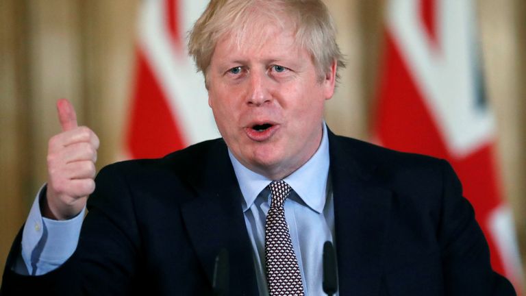 Prime Minister Boris Johnson speaks during a news conference on the novel coronavirus, in London