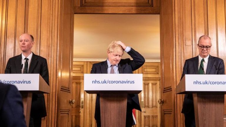 Prime Minister Boris Johnson gives a press conference on the ongoing situation with the coronavirus pandemic with chief medical officer Chris Whitty and Chief scientific officer Sir Patrick Vallance.