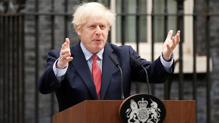 Britain&#39;s Prime Minister Boris Johnson speaks outside Downing Street after recovering from the coronavirus disease (COVID-19), London, Britain, April 27, 2020. REUTERS/John Sibley