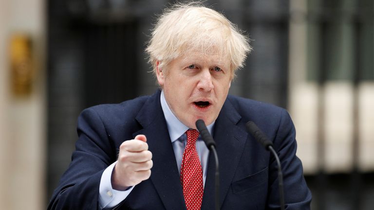 Britain's Prime Minister Boris Johnson speaks outside 10 Downing Street after recovering from the coronavirus disease (COVID-19), London, Britain, April 27, 2020. REUTERS/John Sibley