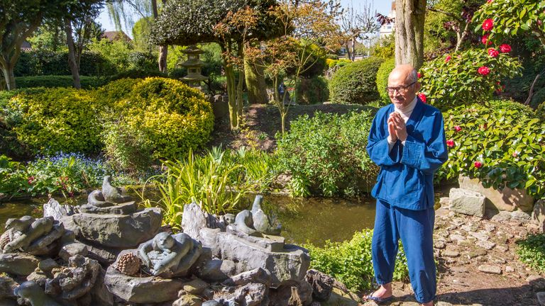 Former Buddhist monk Buddha Maitreya, in his award-winning Japanese garden at the Pure Land Meditation Centre in Nottinghamshire