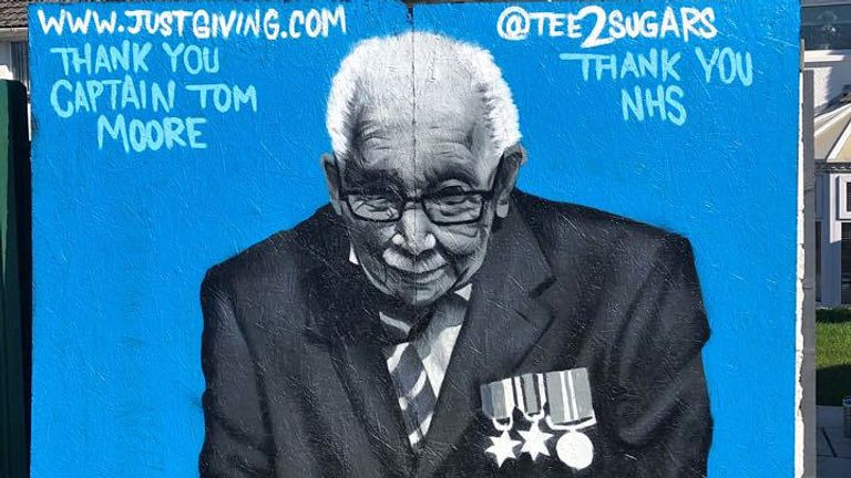Graffiti of Captain Tom Moore in Merthyr Tydfil, South Wales, by graffiti artist, Tee2Sugars