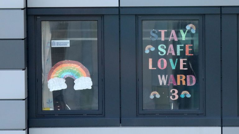 A message on the windows of a ward at the Queen Elizabeth University Hospital in Glasgow