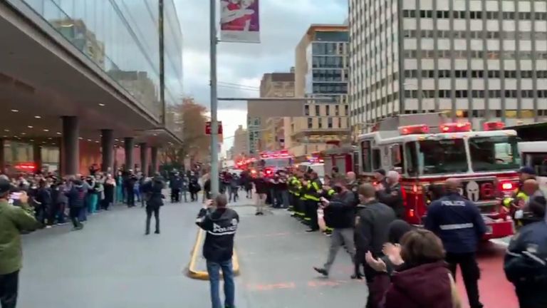 New York City Mayor Bill de Blasio and FDNY commissioner Daniel Nigro took part in a large show of support from first responders for healthcare workers at Manhattan’s Bellevue Hospital 