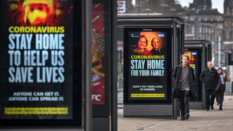 Members of the public are seen out on Princess Street during the coronavirus pandemic on April 17, 2020 in Edinburgh, Scotland.The Coronavirus (COVID-19) pandemic has spread to many countries across the world, claiming over 120,000 lives and infecting over 2 million people.