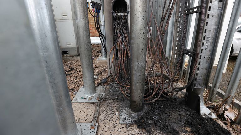 Wires of a telecommunications mast damaged by fire are seen in Sparkhill, masts have in recent days been vandalised amid conspiracy theories linking the coronavirus disease (COVID-19) and 5G masts, Birmingham, Britain, April 6, 2020. REUTERS/Carl Recine