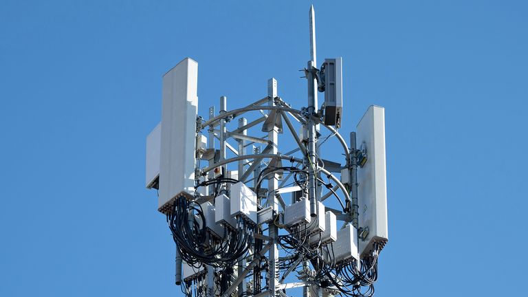 CARDIFF, UNITED KINGDOM - APRIL 04: A 5G mobile phone mast on April 04, 2020 in Cardiff, United Kingdom. There have been isolated cases of 5G phone masts being vandalised following claims online that the masts are responsible for coronavirus. The Coronavirus (COVID-19) pandemic has spread to many countries across the world, claiming over 70,000 lives and infecting over 1 million people. (Photo by Matthew Horwood/Getty Images)