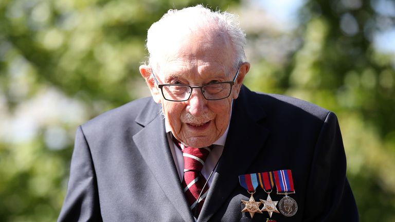Retired British Army Captain Tom Moore, 99, raises money for health workers by attempting to walk the length of his garden one hundred times before his 100th birthday this month as the spread of coronavirus disease (COVID-19) continues, Marston Moretaine, Britain, April 15, 2020. REUTERS/Peter Cziborra