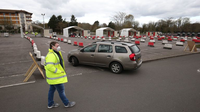 A drive through coronavirus testing site at 11:25 in a car park at Chessington World of Adventures, in Greater London, as the UK continues in lockdown to help curb the spread of the coronavirus. PA Photo. Picture date: Thursday April 2, 2020. See PA story HEALTH Coronavirus. Photo credit should read: Jonathan Brady/PA Wire