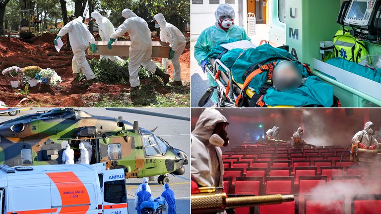 (Clockwise from top left)  Gravediggers in Sao Paulo, a patient in Milan, volunteers disinfect a theatre in Wuhan, patients in a military helicopter in Salzburg. Pics: Reuters/Shutterstock/Marco Passaro/APA-PictureDesk GmbH