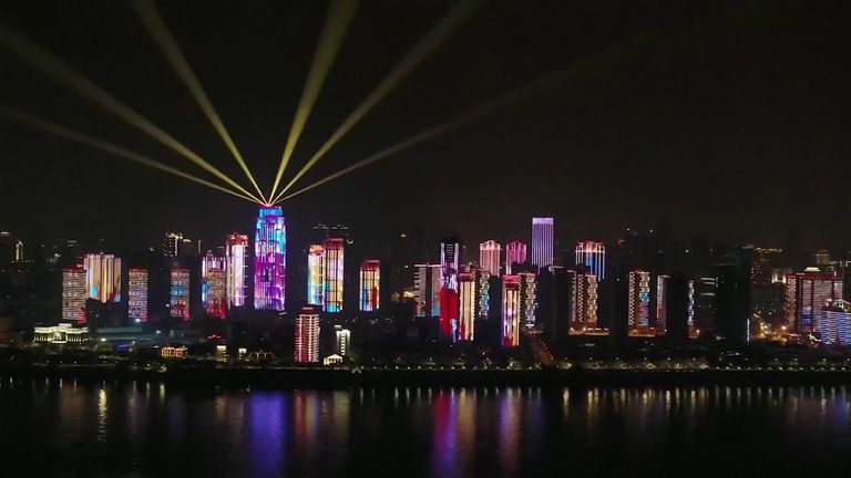Light show as Wuhan opens up after being closed