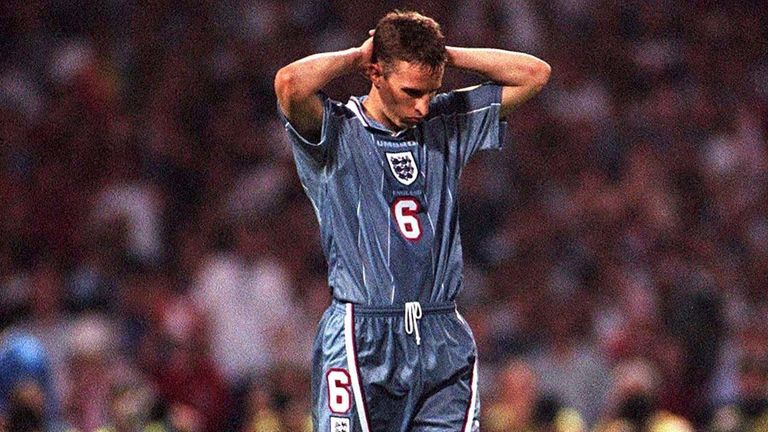 Gareth Southgate after missing that penalty in the Euro 96 semi-final