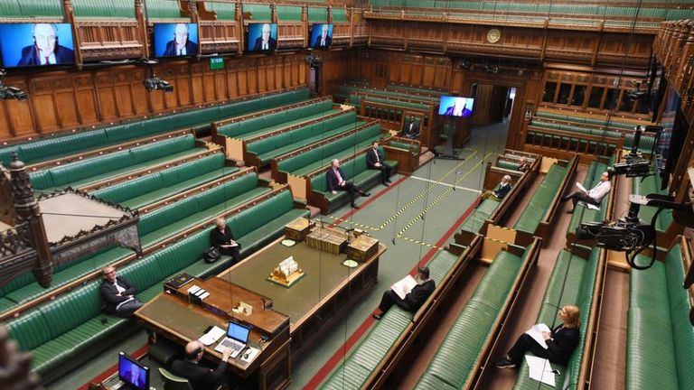 Inside pictures of the House of Commons, which has been fitted with video screens as it goes semi-virtual because of the coronavirus outbreak. .Pic: UK Parliament/ Jessica Taylor