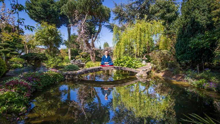 Former Buddhist monk Buddha Maitreya, in his award-winning Japanese garden at the Pure Land Meditation Centre in Nottinghamshire
