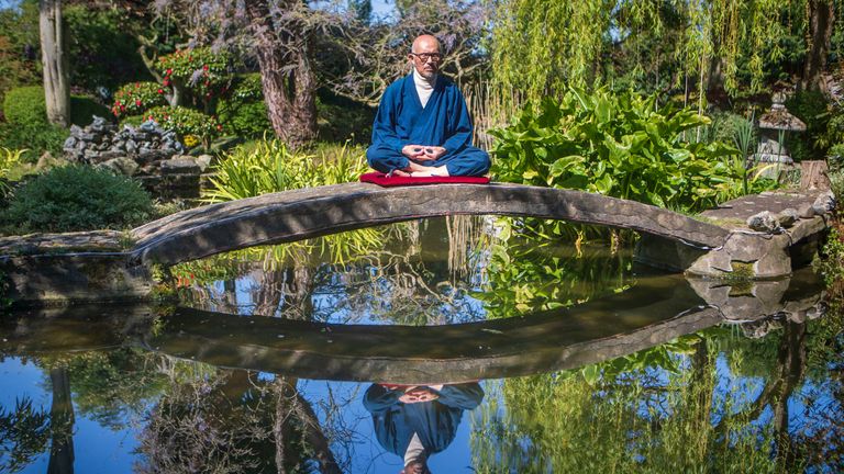 Former Buddhist monk Buddha Maitreya, in his award-winning Japanese garden at the Pure Land Meditation Centre in Nottinghamshire