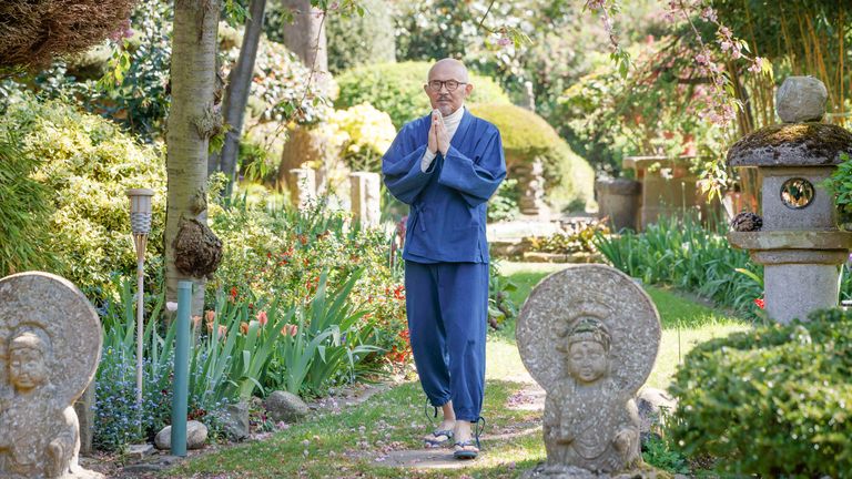 Former Buddhist monk Buddha Maitreya, in his award-winning Japanese garden at the Pure Land Meditation Centre in Nottinghamshire