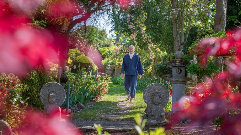 Former Buddhist monk Buddha Maitreya, in his award-winning Japanese garden at the Pure Land Meditation Centre in Nottinghamshire