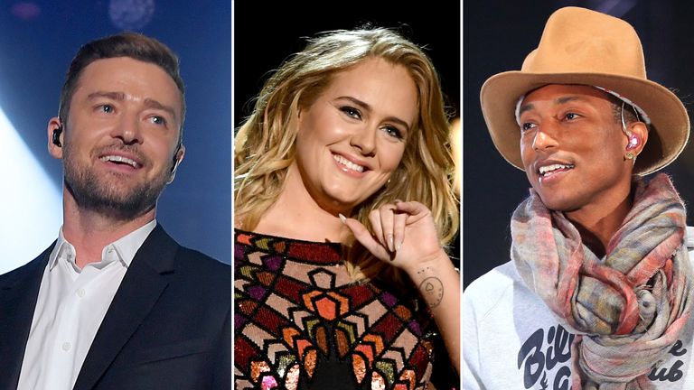 Justin Timberlake, Adele and Pharell Williams are behind some of the most-played tracks of the 2010s