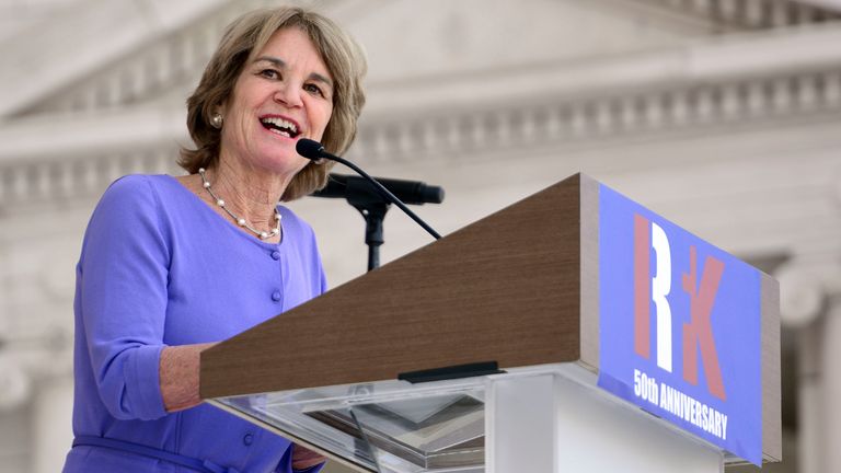 Kathleen Kennedy Townsend delivers opening remarks during a Remembrance and Celebration of the Life & Enduring Legacy of Robert F. Kennedy event taking place at Arlington National Cemetery on June 6, 2018 in Arlington, Virginia