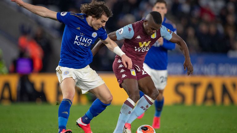 Caglar Soyuncu of Leicester City and Mbwana Samatta of Aston Villa during the Premier League match on March 09, 2020 