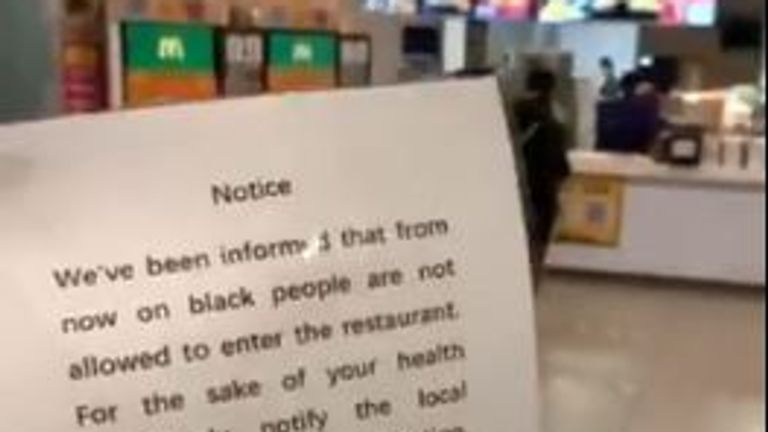 The notice said black people were banned from the McDonald&#39;s branch in Guangzhou. Pic: Black Livity China