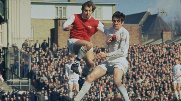 Hunter challenges for the ball against Arsenal at Highbury in August 1969