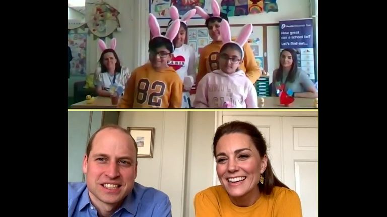 The Duke and Duchess of Cambridge video call pupils at Casterton Primary Academy in Burnley. Credit: Kensington Palace