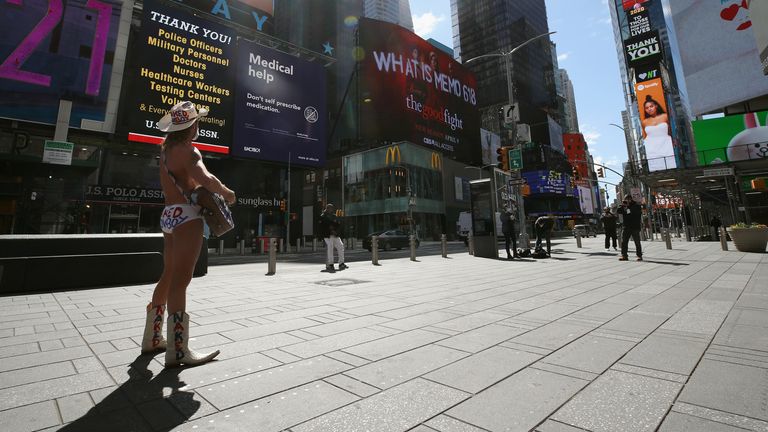 Robert Burck is still performing in Times Square despite the lockdown