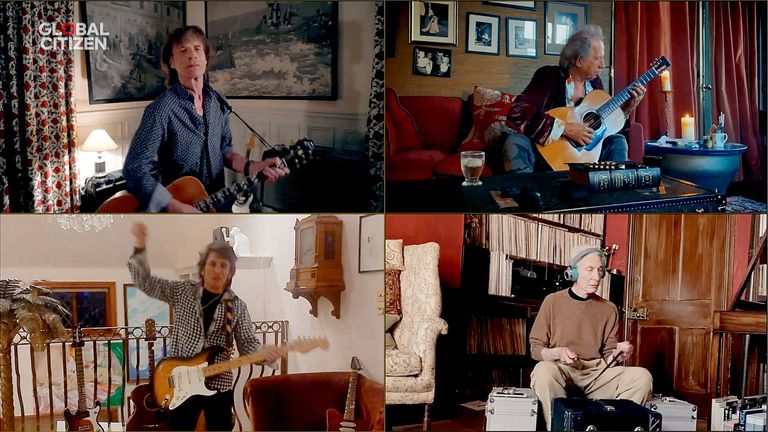 Mick Jagger, Keith Richards, Ronnie Wood and Charlie Watts of The Rolling Stones perform from their homes