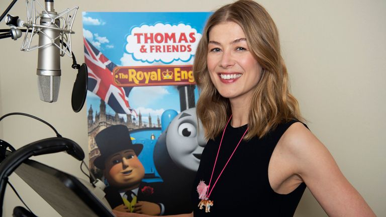 Rosamund Pike record for her part as the new royal engine character Duchess of Loughborough in the new animated special Thomas & Friends: The Royal Engine