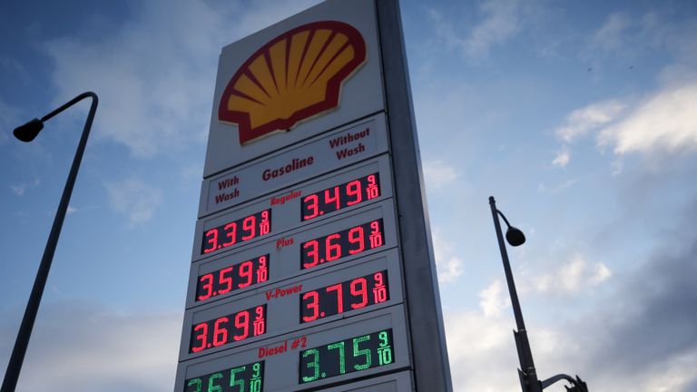 Gasoline prices are displayed at a Shell gas station on March 10, 2020 in Los Angeles, California. 