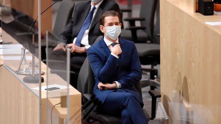 Austrian Chancellor Sebastian Kurz, pictured in parliament, has said easing restrictions may need to be reversed