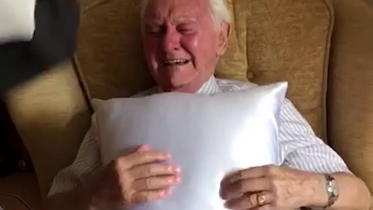 Care home resident Ken receives pillow with wife&#39;s face on it