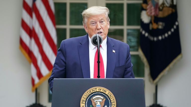 US President Donald Trump speaks during the daily briefing on the novel coronavirus, which causes COVID-19, in the Rose Garden of the White House on April 14, 2020, in Washington, DC