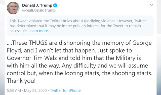 Twitter hides tweets from Trump and White House account for 'glorifying violence'