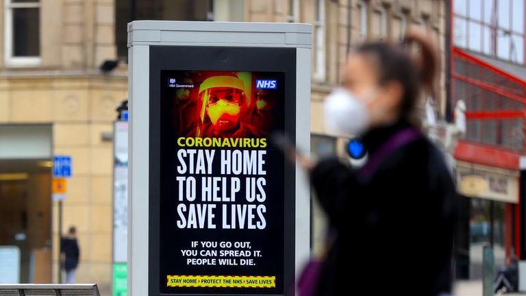 Electronic bilboards displays a message warning people to stay home in Sheffield as the UK continues in lockdown to help curb the spread of the coronavirus.
