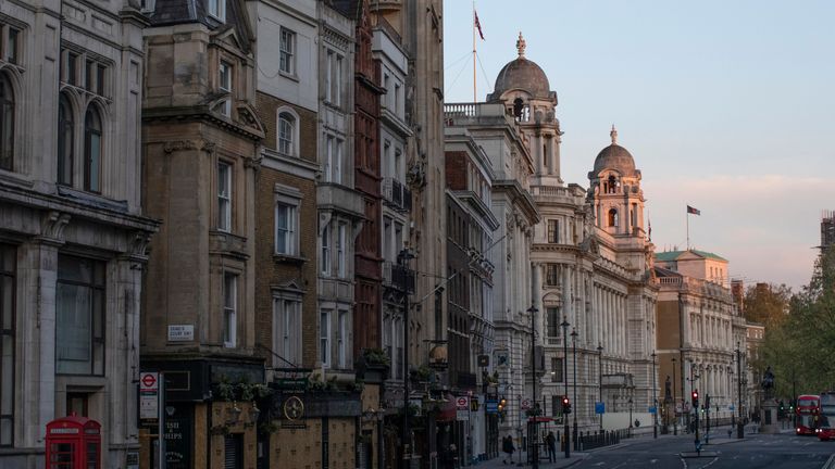 LONDON, ENGLAND  - APRIL 20: Whitehall stands quiet on April 20, 2020 in London, England. The British government has extended the lockdown restrictions first introduced on March 23 that are meant to slow the spread of COVID-19. (Photo by Dan Kitwood/Getty Images)