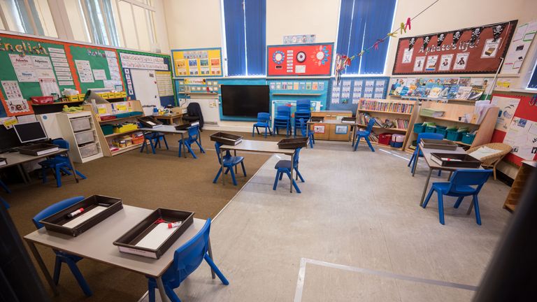 A classroom is seen, which has been rearranged with seating separated by 2m to provide an environment safe from Coronavirus for pupils and teachers at Marsden Infant and Nursery School in Marsden, near Huddersfield, northern England on May 18, 2020, ahead of the Government's proposed recommencing of education for Reception and Year 1 classes. - Marsden Infant and Nursery School is reducing class sizes to accommodate greater distancing between pupils as well as minimising any shared contact of stationery and learning materials. (Photo by OLI SCARFF / AFP) (Photo by OLI SCARFF/AFP via Getty Images)