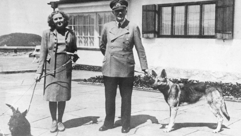 Hitler and Eva Braun with their dogs at Berchtesgaden