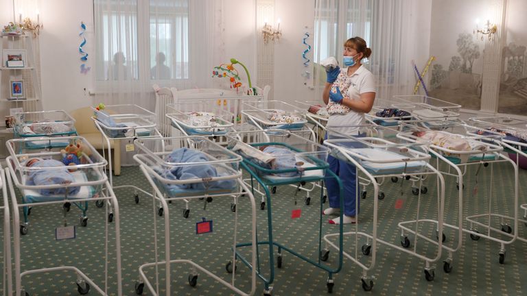 A nurse and newborns are seen in the Hotel Venice owned by BioTexCom clinic in Kiev, Ukraine May 14, 2020