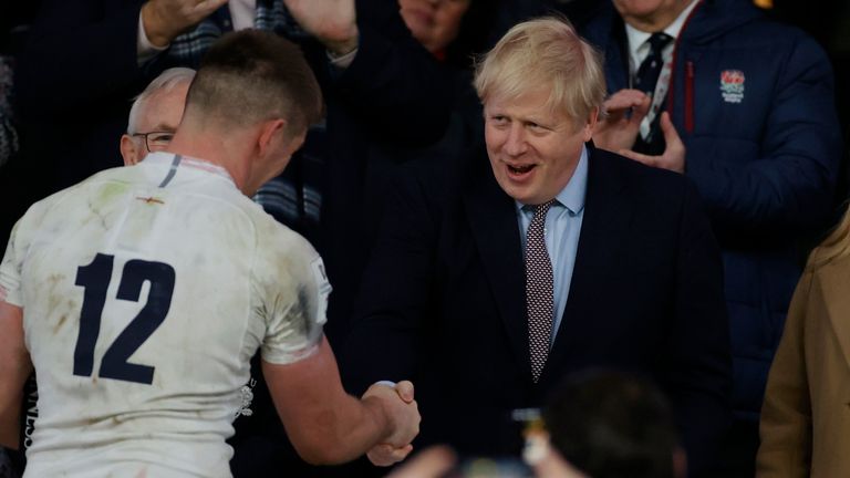 England captain Owen Farrell shakes hands with Boris Johnson after the England v Wales Six Nations match at Twickenham on 7 March 2020